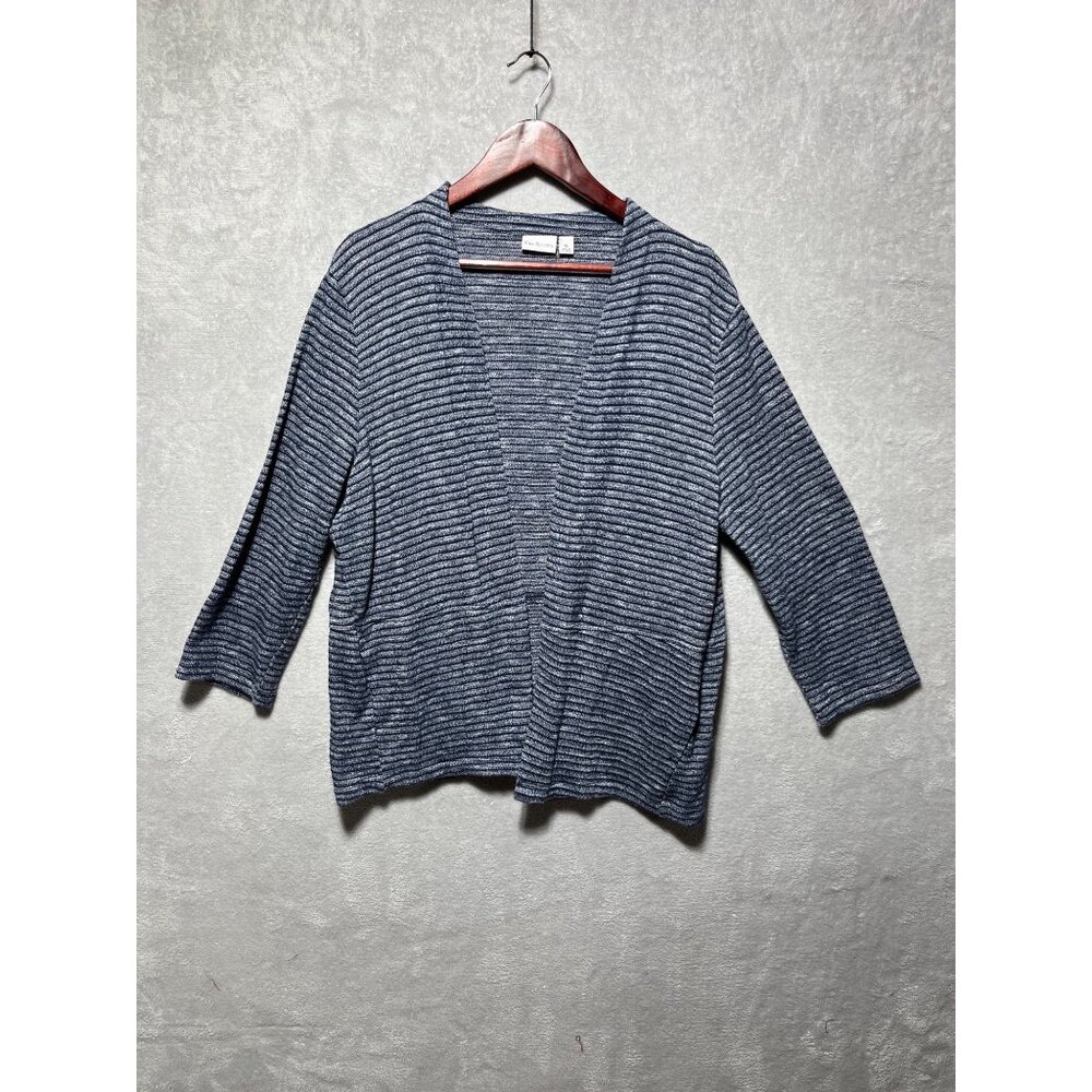 Kim Rogers Womens XL Open Front Striped Cardigan Sweater Blue Gray Cotton Blend